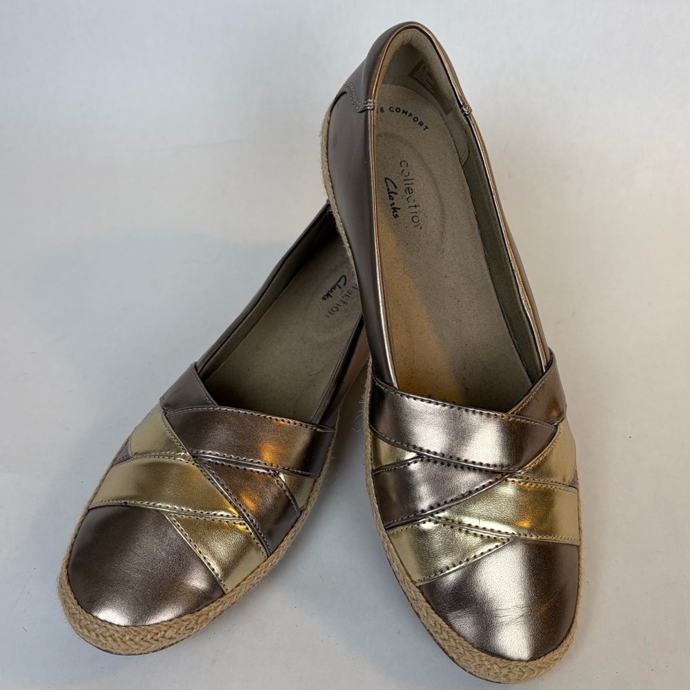 Clarks Collection Danelly Adira Metallic Espadrille Loafer Flats Pewter Gold 8.5 - Picture 2 of 15